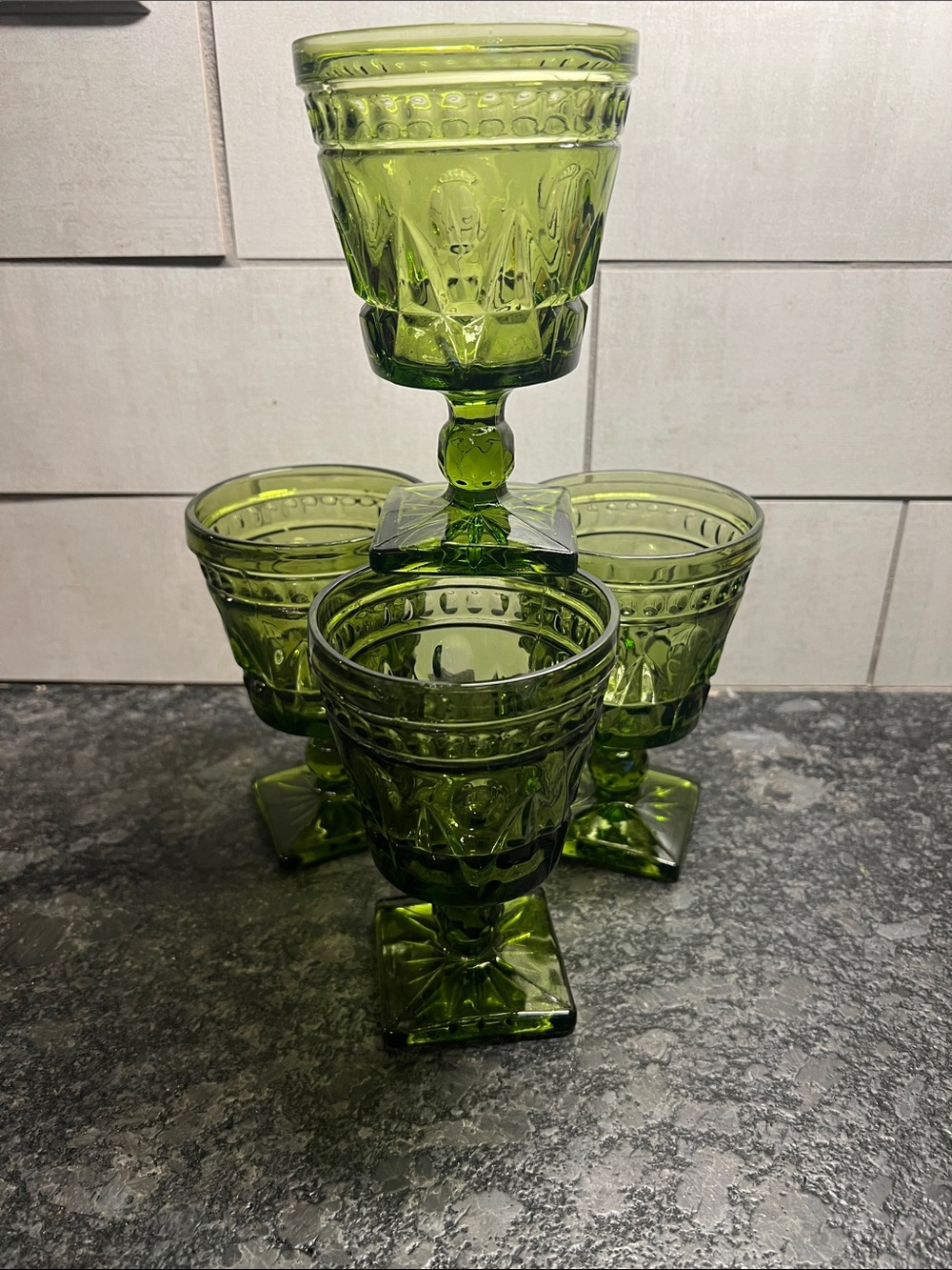 Indiana Glass Avocado Green Pedestal Pressed Goblets - Set of 4
